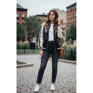 F&F Bomber Jacket Womens 2 Black Beige Floral Embroidered Full Zip Casual Wear